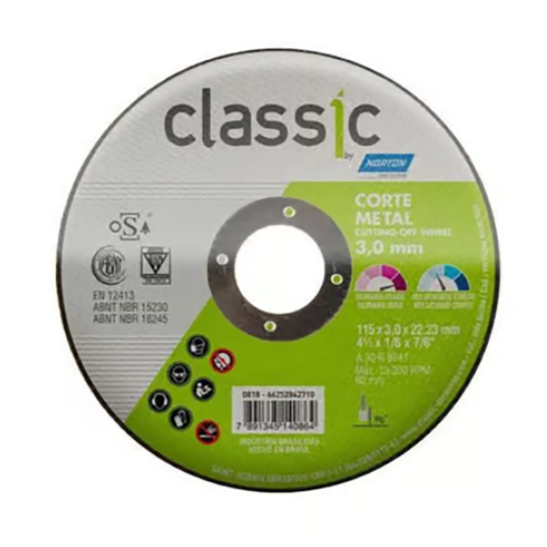 DISCO DE CORTE ACERO E INOX CLASSIC 115X3X22MM 4 1/2" NORTON 66252842710