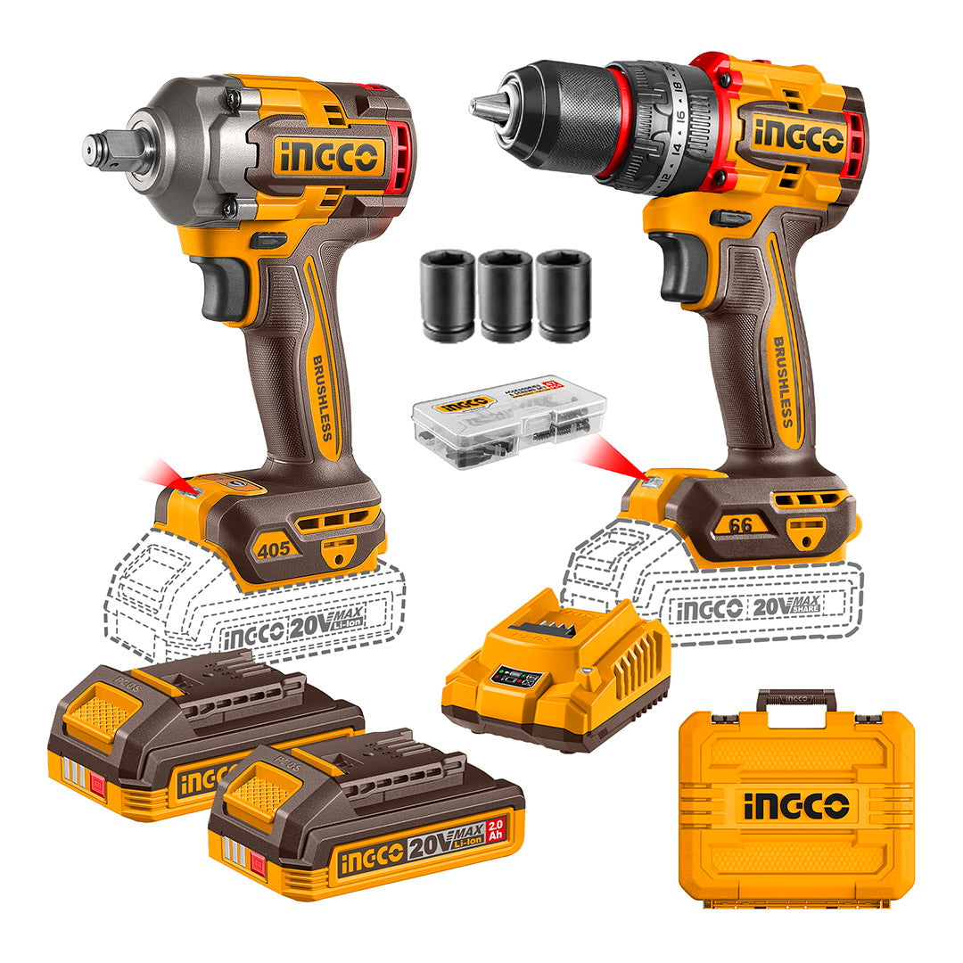 SET TALADRO PER Y PISTOLA IMPACTO BL +2BAT Y CARG INDUSTRIAL 20V INGCO CKLI20286